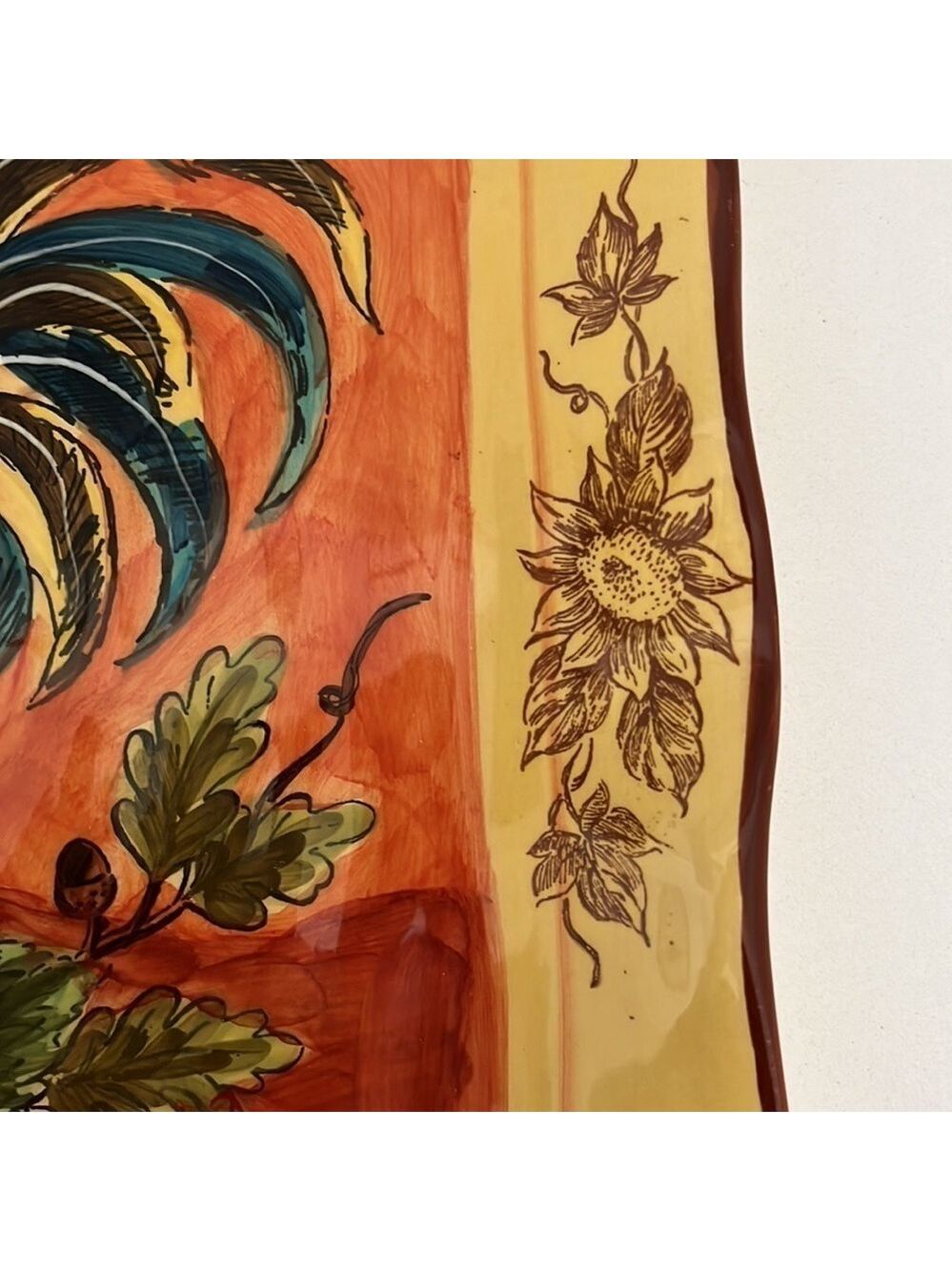 MAXCERA CORP Orange Rooster Square Plate Sunflowers Floral Edge Pattern Farmcore - Picture 6 of 8